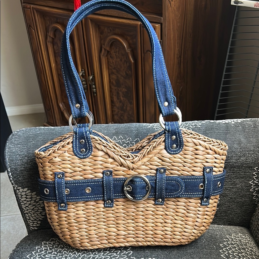 Stylish Blue and Tan Woven Handbag